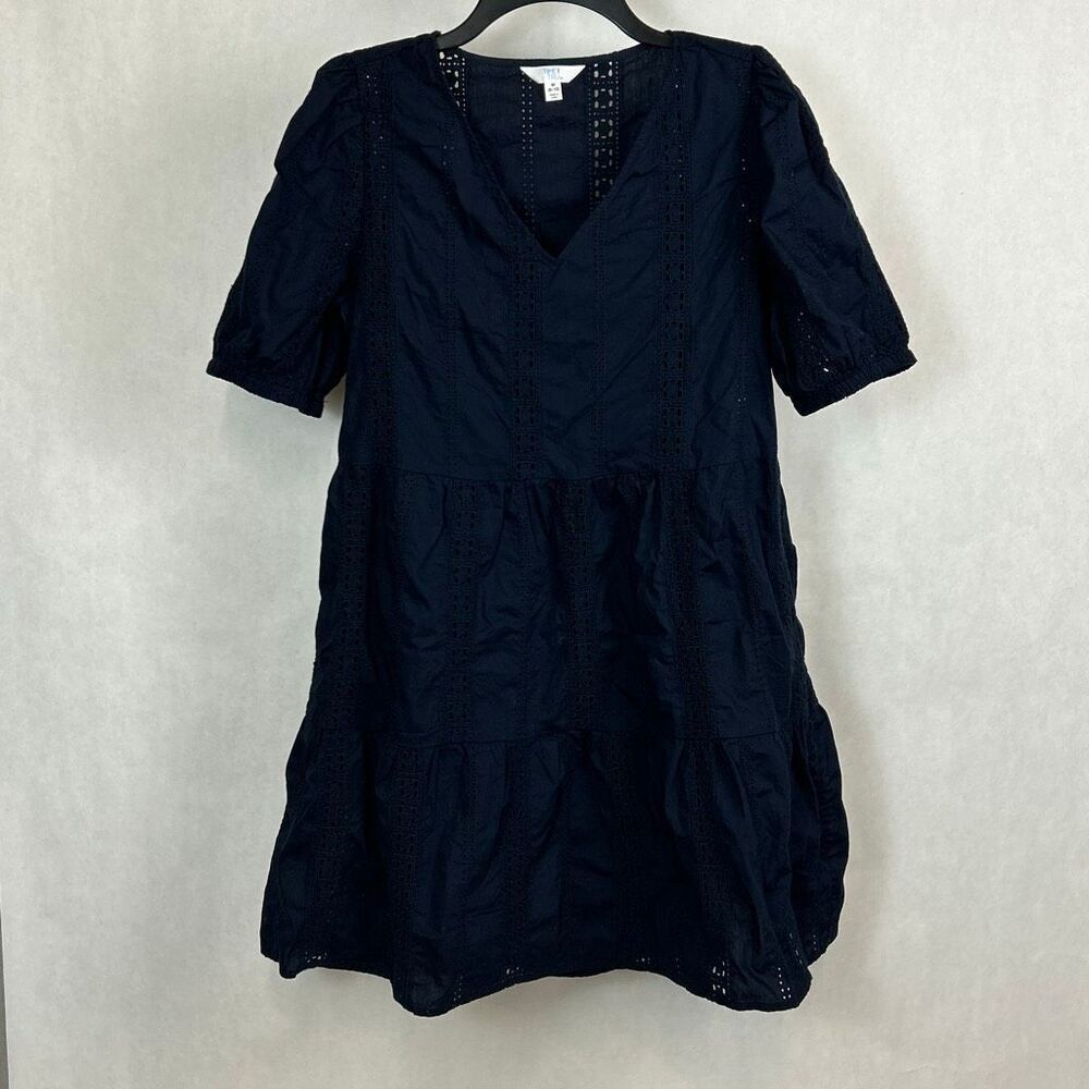 Time & Tru Eyelet Mini Dress Dark Navy Puff Sleeves Tiered Skirt Sz Medium 8-10